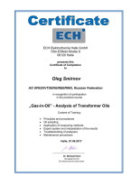 Сертификат компании ECH Elektrochemie Halle GmbH о прохождении нашим специалистом обучения работе с мобильным анализатором (портативный газовый хроматограф) трансформаторного масла MobilGC